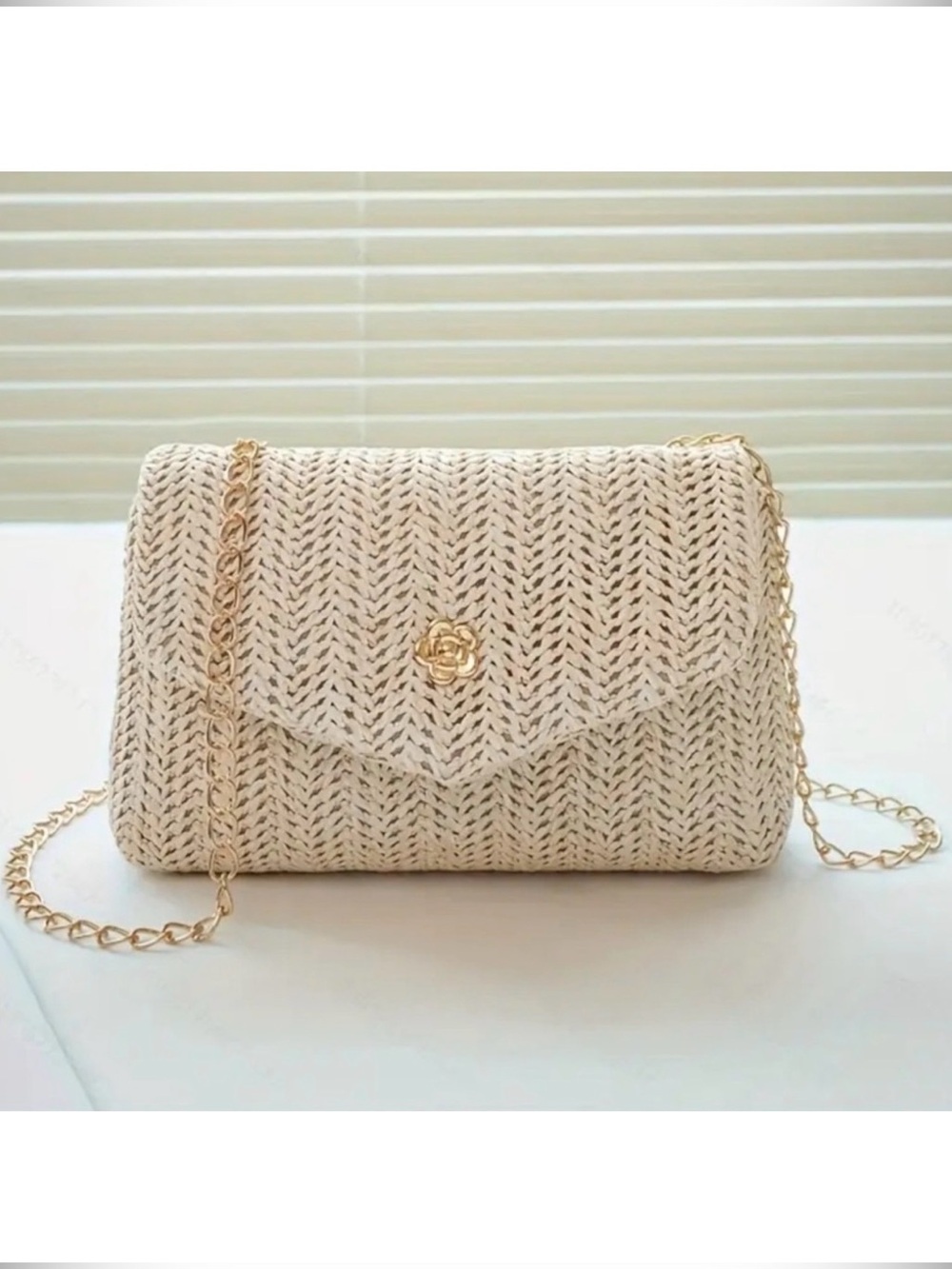 Boho Chic Cream Beige Woven Gold Chain Purse Crossbody Bag NEW